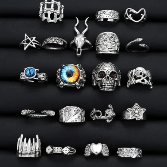 20 Pc Punk Rings Heavy Metal Alt Jewelry Alt Goth Ring Set - Picture 1 of 7